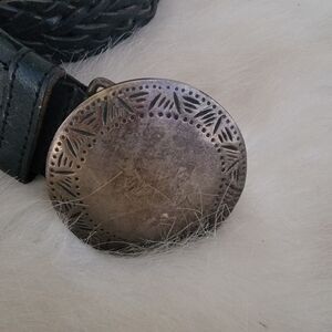 BOHO Belt black leather woven sz M   round large buckle Morocco Western